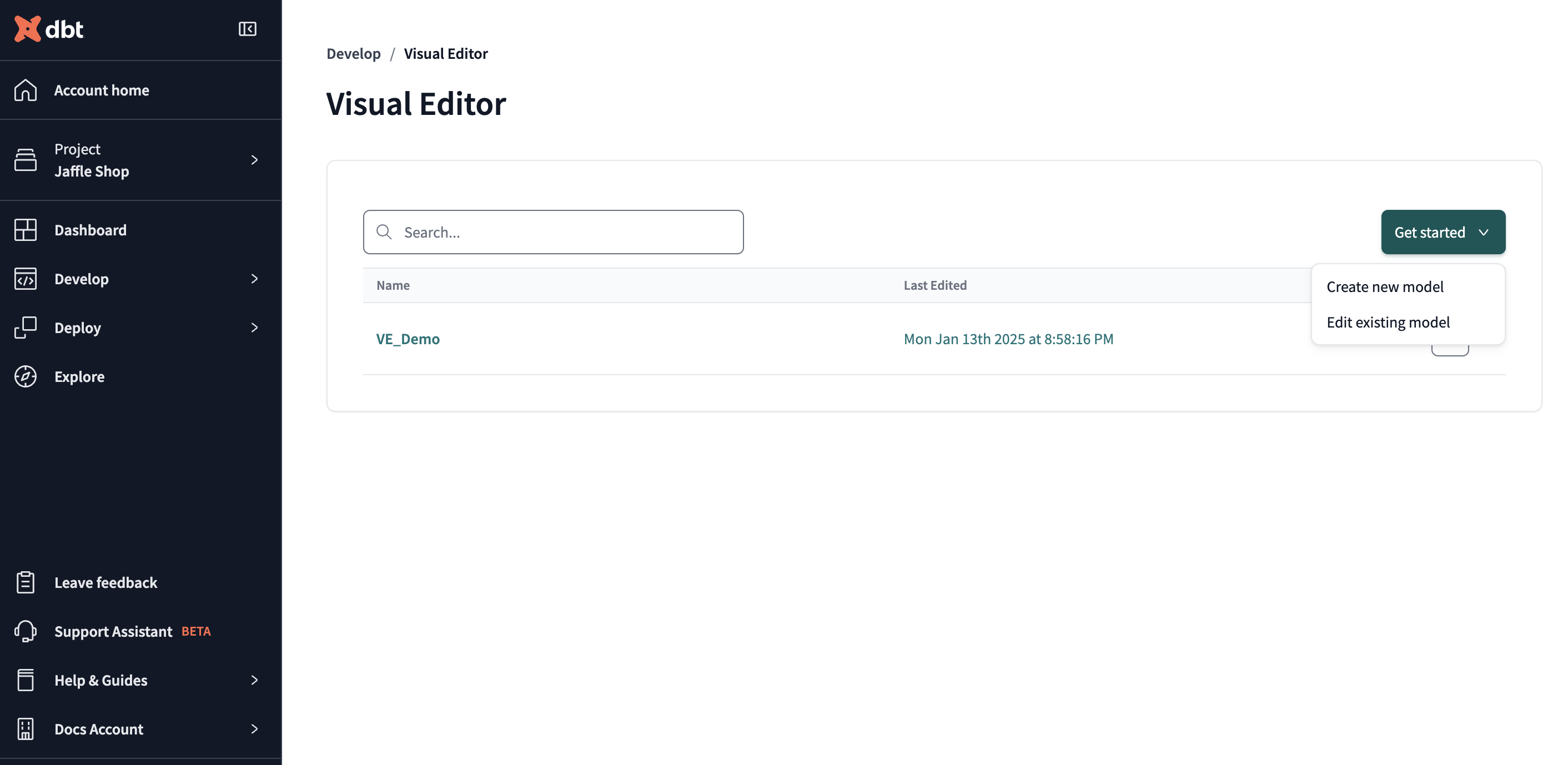 Create a new model from the Visual Editor landing page.